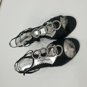 RAMPAGE Black Satin Rhinestone Embellished Slingback Open Toe Heels